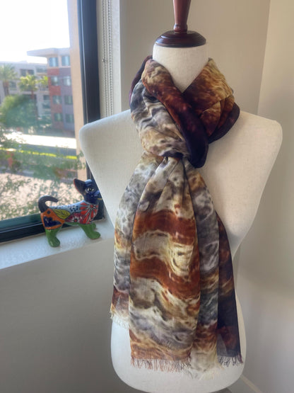 Modal Scarf: Agouti Rust Abstract Design, Gift Boxed , Holiday Gift