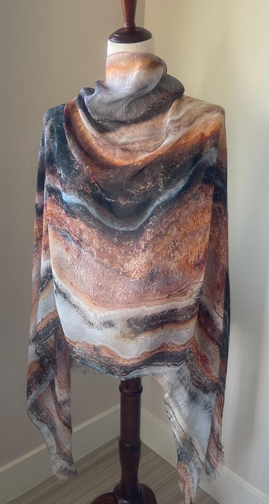 Modal Scarf: Marble Stone Pattern, Earthy Tones, Gift Boxed, Holiday Gift